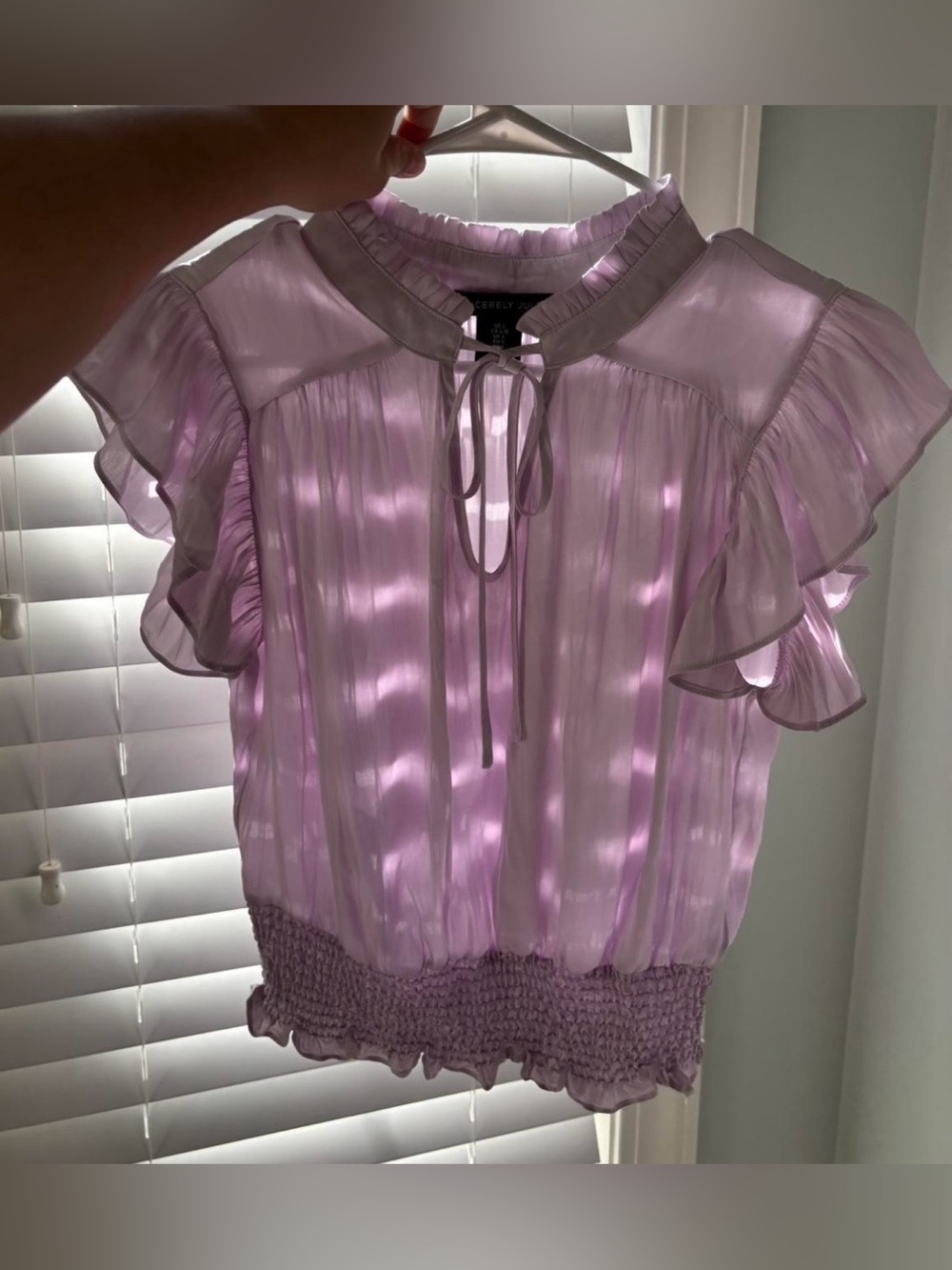 Sincerely Jules Lavender Ruffle Sleeve Smocked-Hem Blouse